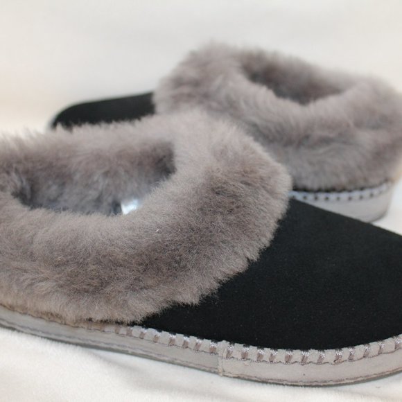 NIB UGG WRIN BLACK SUEDE SHEARLING SLIPPERS - Picture 2 of 8